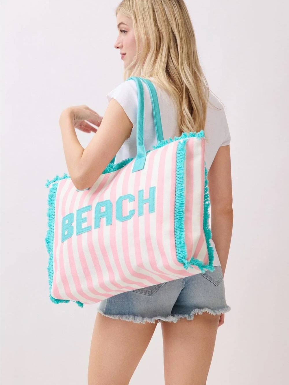 Striped Pink & Turquoise 'BEACH' Tote Bag - Women